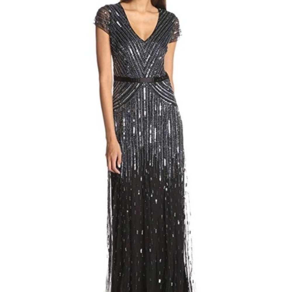 Adrianna Papell Black & Silver Sequin Dress Floor Length Gown